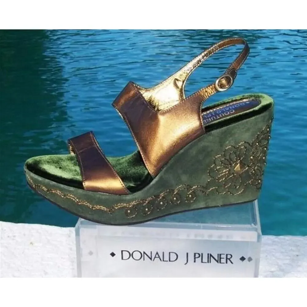 Donald Pliner Metallic Leather Shoe Platform Wedge Suede Embroidery $275 NIB 11